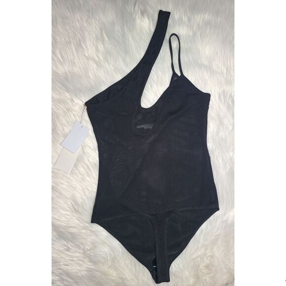 NWT|Good American Asymmetrical Black Mesh Bodysuit, 2 - Picture 4 of 9